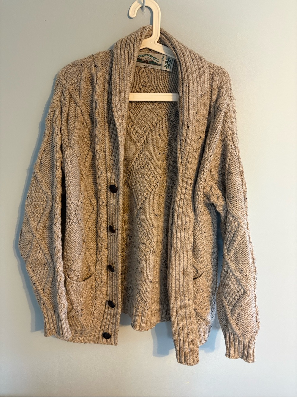 Aran Crafts Beige Cable-Knit Shawl Collar Cardigan
